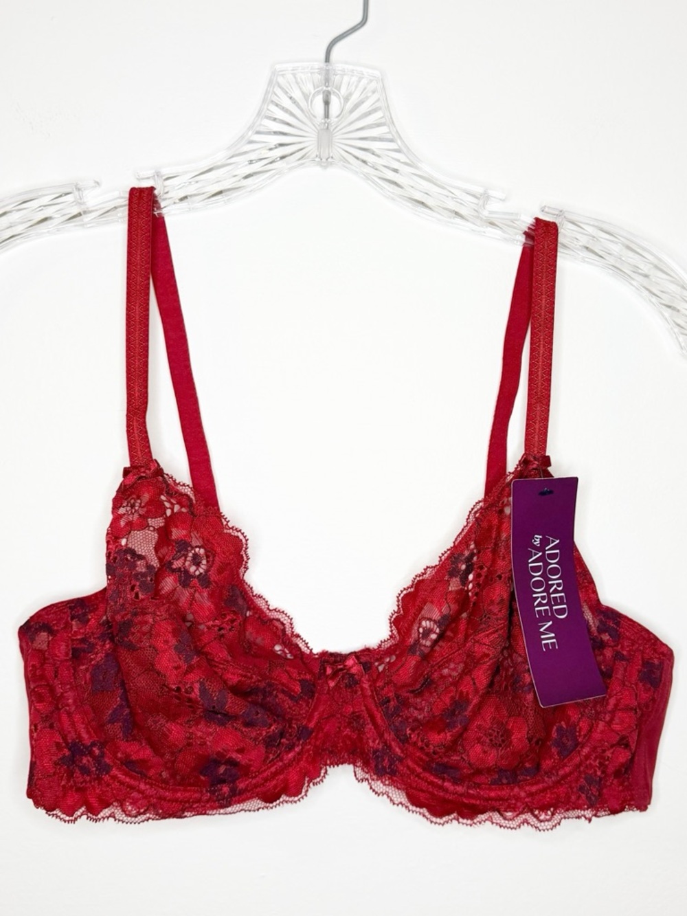Adored by Adore Me Red Lace Underwire Bra with Floral Detail NWT